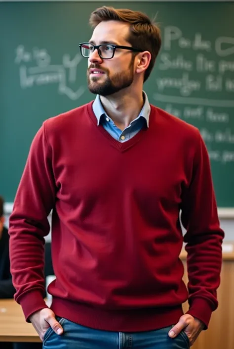 A male teacher looking at the students wearing a simple red knitted sweater with a V-neck and blue jeans with glasses