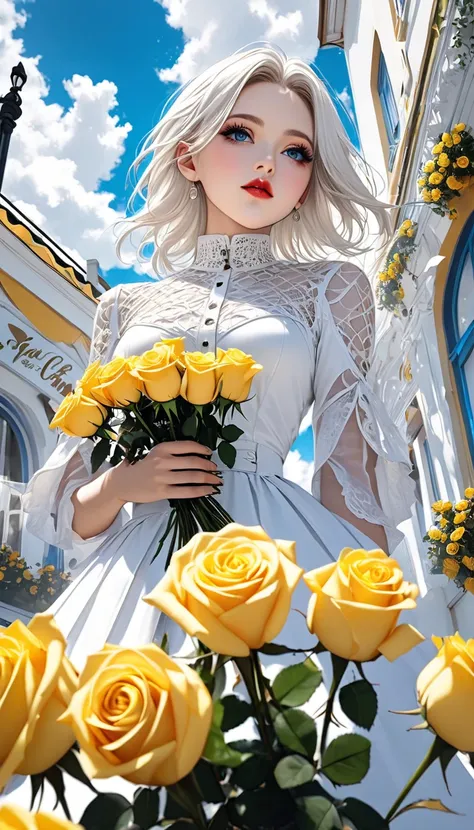  white gothic woman , White clothes,  highly detailed gothic flavor,  blue 💙 pop art background , white fantasy ,  I'll give you a bouquet of pure yellow 💛 roses, Pure white cafe terrace, pure white sky, BREAK shot from below, \You'll be captivated \,