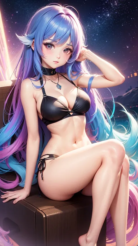 1_girl, solo,  a woman with colorful hair and necklace, anime girl with cosmic hair, Rossdraws' soft vibrancy, Gouviz-style artwork, fantasy art style, colorful], vibrant fantasy style, Rossdraws cartoon full of energy, cosmic and colorful, Guweiz, colorfu...