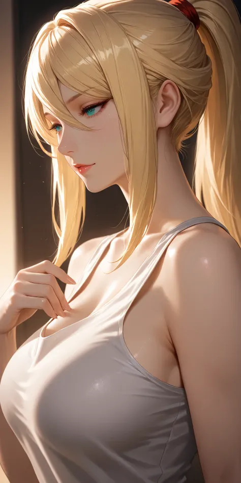 Masterpiece, very aesthetic, vibrant, high contrast, elegant mature woman, samus aran, upper body, tank top, seductive, soft light, best quality, semrealistic, honkai: star rail cg style