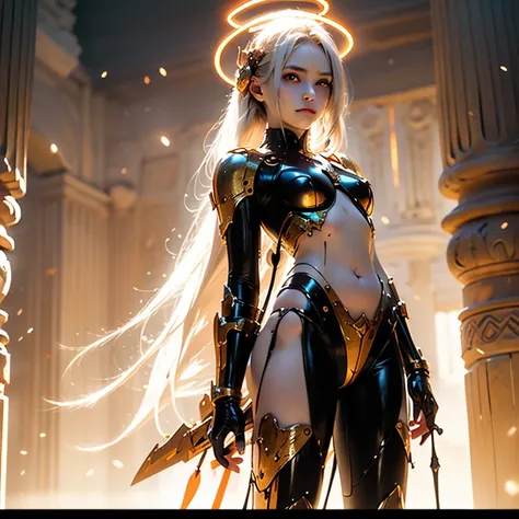 - Main Character, Beautiful "Greek" Woman, Long Hair, Halo Circle full of glowing carvings.
Wearing many accessories.

- Wearing a costume ("Full Sexy Armor"), a costume that embodies the form of "Adikia". (Chest and Thighs are open). Futuristic Costume De...