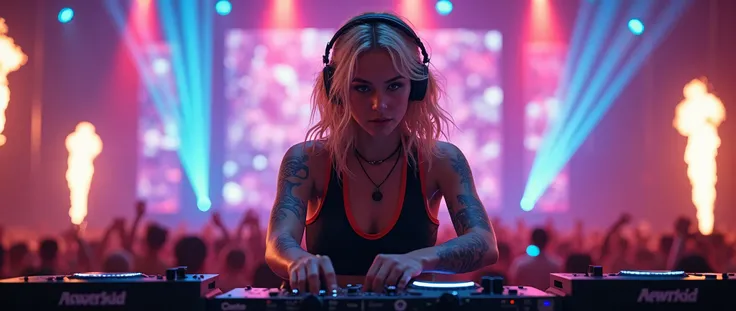  A young blonde DJ with loose and slightly wavy hair ,  wearing modern headphones and a black sports outfit with red details .  Her expression is serious and concentrated while manipulating a professional mixer on a concert stage.  She has tattoos on her a...