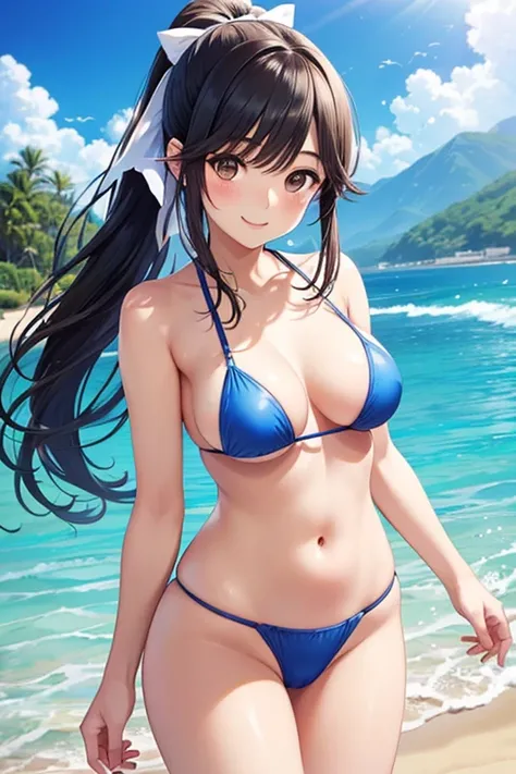 Takane Manaka, shiny brown long hair, ponytail with white ribbon, beautiful brown eyes, smiling face, sparkling pupils, (fine grain), highly detailed eyes, highly detailed face, highly detailed eyes,, (masterpiece:1.2, best quality), 1 girl, cowboy shot,, ...