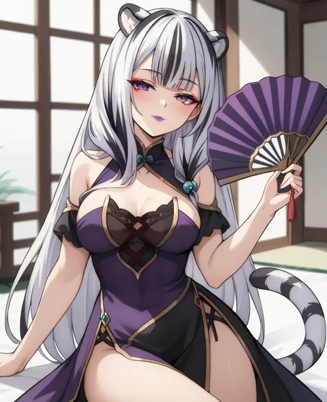 1girl, solo, long hair, white hair, black hair, multicolored hair, white tiger ears, white tiger tail, half-lidded eyes, purple eyes, noble woman, blushing, europian dress, purple dress, black dress, multicolored dress, japanese ornament, ornament on dress...