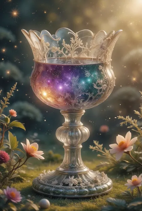 In a soft, golden light, a exquisite crystal chalice with intricate lacework and floral engravings sits atop a delicate pedestal. The transparent liquid within sparkles like the night sky, reflecting hues of sapphire, amethyst, and rose. The chalice's curv...