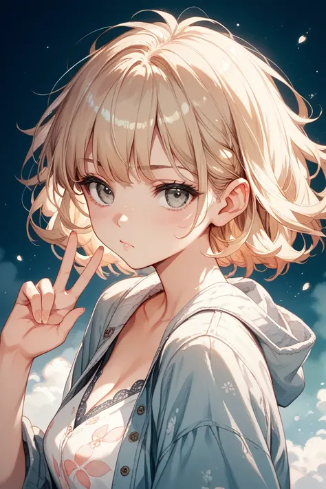 A delicate illustration in a watercolor style。 A girl with short, fluffy blonde hair and soft gray eyes。 A gentle expression with a slightly pouting look on her face as she makes a peace sign。 Thin, delicate lines and soft shadows、 Warm pastel color tones。