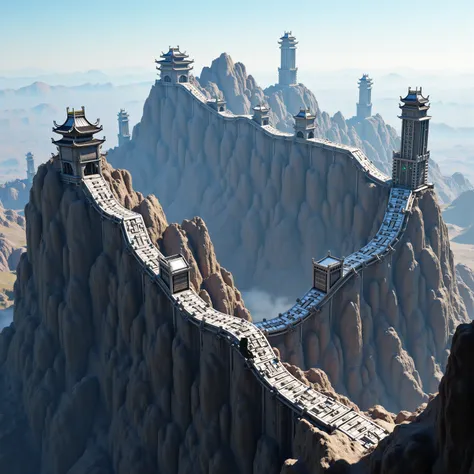 Paint the Great Wall of China，Mechanical futuristic style，Chinese architectural style