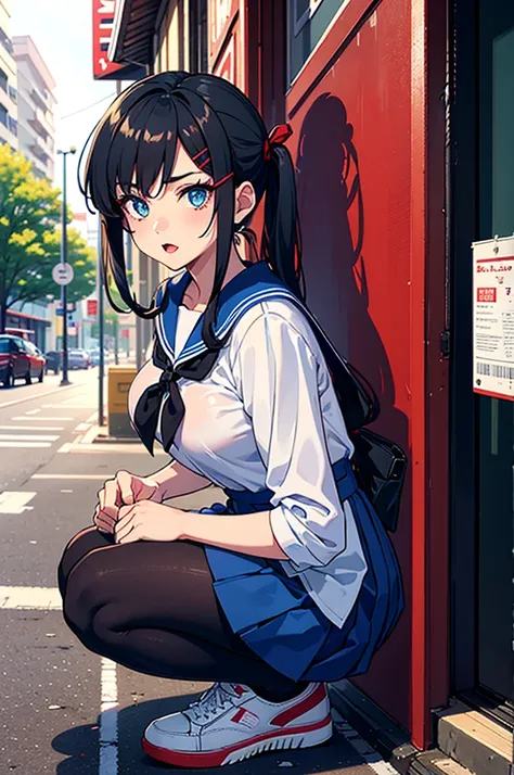 a cute boy,solo,femboy,trap,twintail hair,hairclip,medium breast,blue eye,shy,embrassed,eye makeup,face makeup,close mouth,red lip,wearing a japan high-school sailor school uniform,short blue skirt,black pantyhose,sneaker,sitting squat,outdoor,city,afterno...