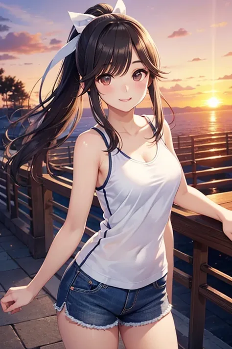 Takane Manaka, shiny brown long hair, ponytail with white ribbon, beautiful brown eyes, smiling face, sparkling pupils, (fine grain), highly detailed eyes, highly detailed face, highly detailed eyes,, (masterpiece:1.2, best quality), 1 girl, cowboy shot,, ...