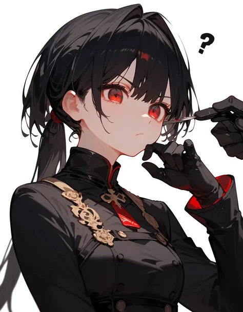 girl, Black hair, thin hair, slightly white, in red eyes , pretty short hair , long ponytail, Black Dress with Long Sleeves Closure, Chestnut-sized, Black Long Sleeve Shirt, Black Glove , makes a suspicious face.,??,Stunning ,Cute white background