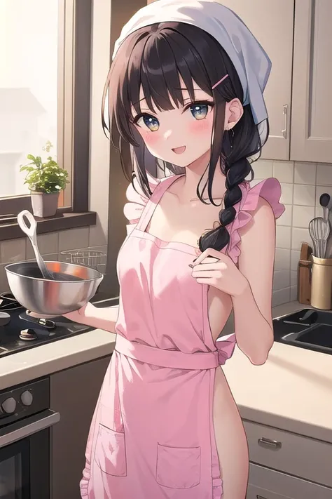 ((top quality)), ((masterpiece)), (Details),  1 girl。blunt bangs。Short Hair。 excited。 braided ponytail。ahoge。Cute hair clip。 look so young。 small breasts。headscarf。((cute naked apron ))。 kitchen。whisk。bowl。