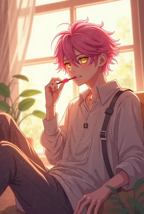 A male student with pink hair and gold eyes is sitting with one leg raised by a sunny window with candy in his mouth