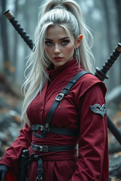 Female Elf Ninja、 with silver hair tied together at a high position、Ninja costume that looks like a red kimono 、Ninja armor、Carrying two ninja swords on his back、Brave Face 、 Astonishing Eye、ブラウンの瞳、エルフの耳。