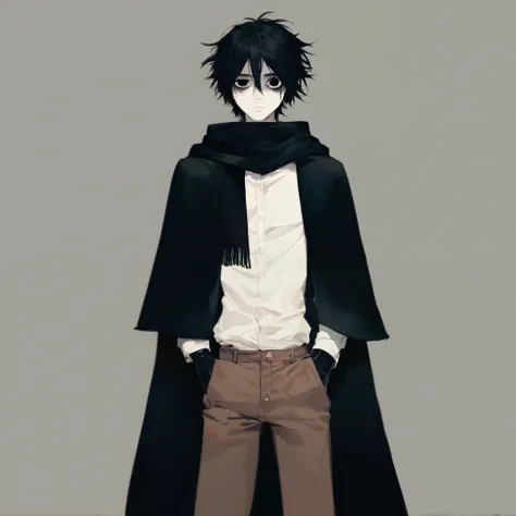 1man, solo, short messy black hair, black eyes, bags under eyes, pale skin, slim body, black cloak, black feathers, feathers, white blouse, brown pants, black scarf, black gloves, expressionless, hands on pockets, crows, ravens, standing, looking at viewer...