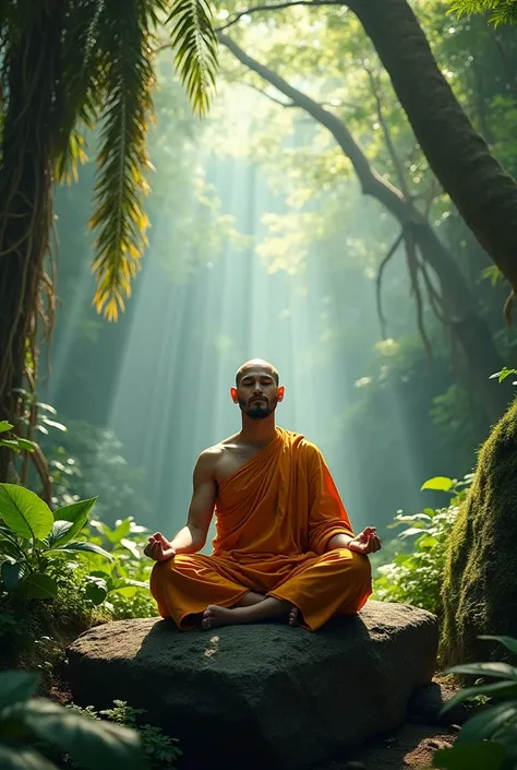 Monk,sit on a rock,jungle behind him