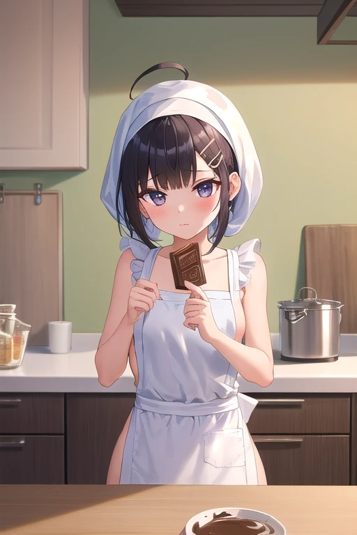 ((top quality)), ((masterpiece)), (Details),  1 girl。blunt bangs。Short Hair。The expression of hard work。 braided ponytail。ahoge。Cute hair clip。 look so young。 small breasts。headscarf。((cute naked apron ))。 kitchen。Break 、 chocolate bars and put them in a b...