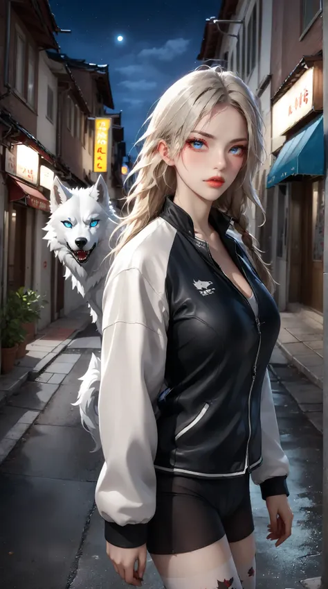 (Better details ,  high quality), furry werewolf,  walk through the city, (night,  bright light , Urban Environment), (dynamic framework, Fierce expression ,  messy hair ), ( bright blue eyes, Detailed jacket ), (Colored spots,  slippery street ), (Focus o...