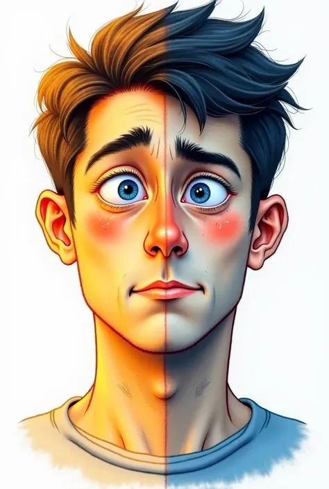 
Imagine a drawing of a 35-year-old man with his face divided in half. on one side,  he has a cheerful expression and vibrant colors ,  like yellow, orange and blue,  symbolizing the hypomanic phase of bipolar disorder .  On the other side, It has a sad ex...