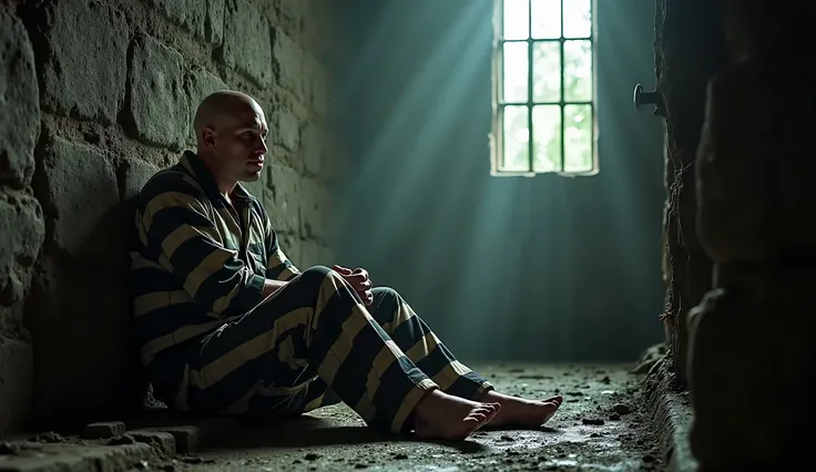 8K, UHD, best quality, fullbody photo of a young bald convict contemplating very relaxed on the very dirty floor of a very small and dark old prisoncell made out of large dark rocks, one ankle surrounded by a very big ring made of steel, ring connected by ...