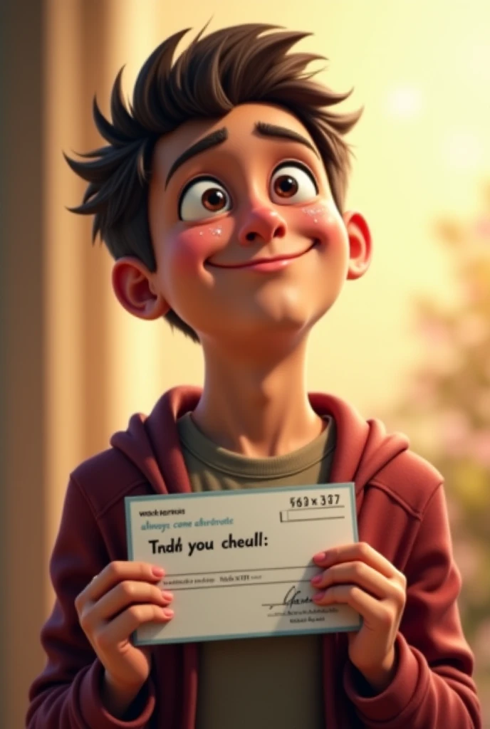 "A young man holding a check with tears in his eyes, looking up with gratitude. The background is a soft, glowing light, symbolizing hope and kindness. Over the scene, a text appears: 'Good deeds always come back to you!'"

