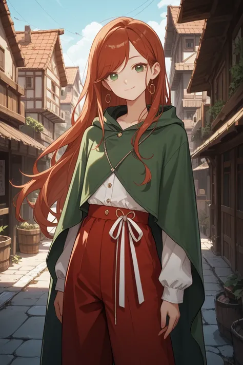 anime, flat design, paster. 1 girl. whole body. very tall. brown red very long hair. swept bangs. green pupils. small smile. closed mouth. slender body. dark green army style. long sleeves. long red skirt. cloak. town background.