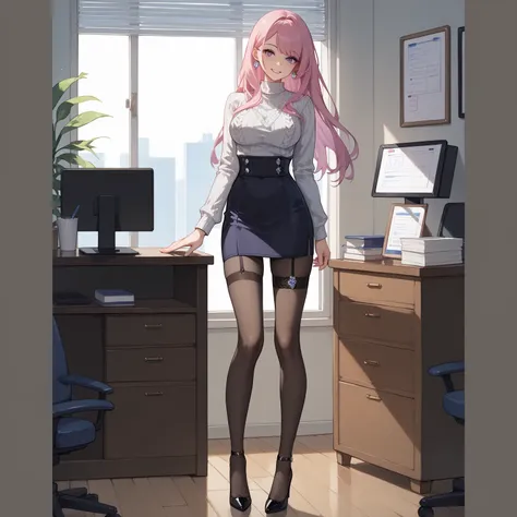 
 1 girl,  long hair,  pink hair,  purple eyes , ribbed sweater high waist skirt high heels standing office indoor smiling