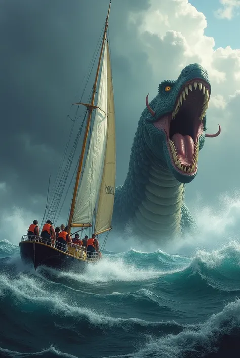 A sailing boat in a rough sea, with six sailors in life jackets struggling to control the boat. A huge sea monster, similar to a snake, emerges from the waters with its mouth open, showing sharp teeth. The sky is cloudy and ominous, with dark clouds in the...