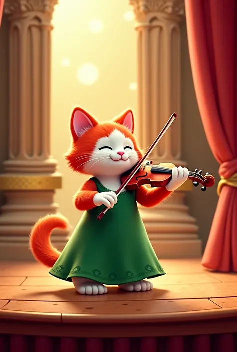 A cartoonish beautiful fluffy red and white cat in a long green dress plays the violin on a beautiful stage