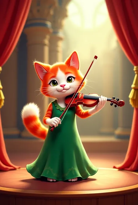 A cartoonish beautiful fluffy red and white cat in a long green dress plays the violin on a beautiful stage