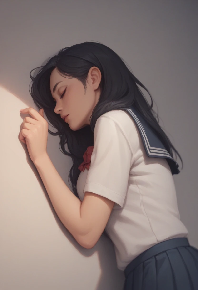 Fiona The Fox, a close up of a photo of anime person on a wall in a school, 1girl, solo, closed eyes, lying, on side, long hair, school uniform, black hair