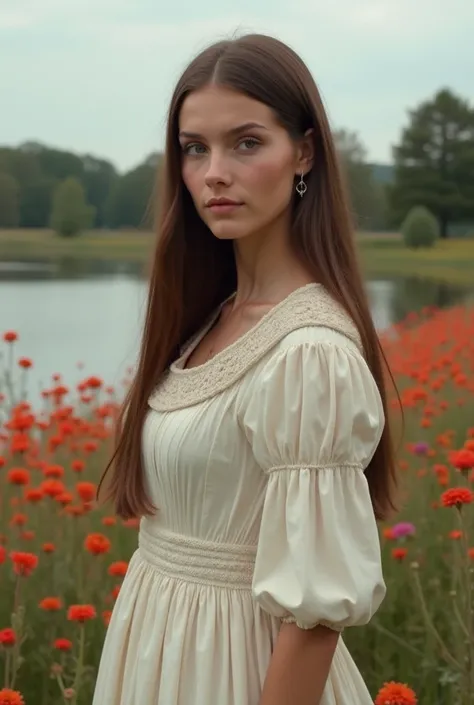 An image of a light-colored full-bodied woman, with straight hair, light and long brown , dark-eyed,  wearing a simple neckline dress from the year 1815, in the background an image of a flower field and a lake.