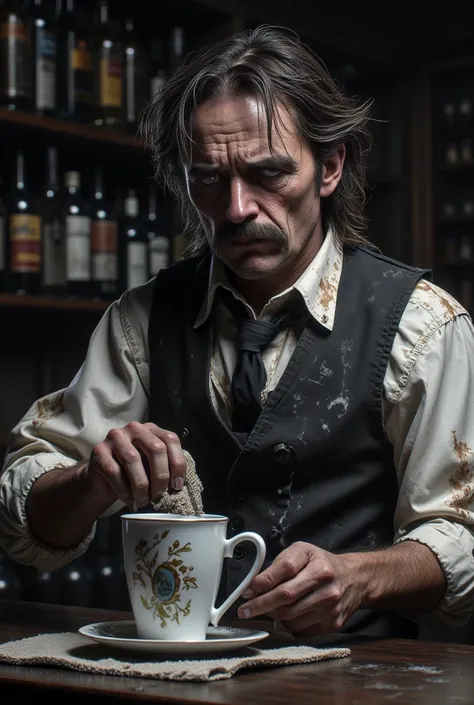 A bartender with dark circles and pale eyes,  with few hairs and a sloppy mustache. He seems exhausted .  he's behind a dirty old counter wiping cloth through a pretty cup. He wears a ragged and moldy suit.