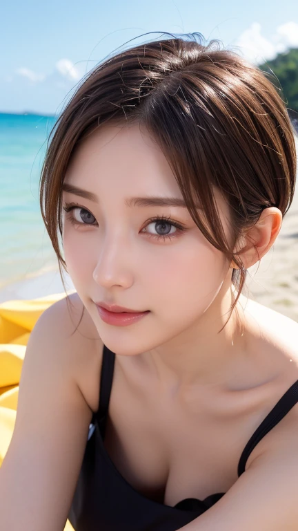  1 woman ,32K, Mature Women, Masterpiece,RAW photo, slim slender, by Nomi, adult sex appeal,( SUPER SHORT HAIR),( medium breasts), Japanese, beautiful skin, beautiful face, detailed face, detailed skin, bikini, beach, full body,smile, focus on the face. fa...