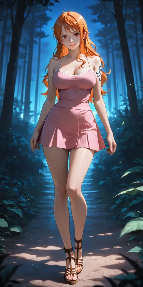 Masterpiece, newest, vibrant, very aesthetic, high contrast, mature woman, nami\(one piece\), while spaghetti strap top, pink tennis skirt, gladiator strappy sandals, medium breast, full body, night forest, best quality, semrealistic, cowboy shot, fullmeta...