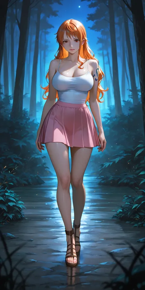 Masterpiece, newest, vibrant, very aesthetic, high contrast, mature woman, nami\(one piece\), while spaghetti strap top, pink tennis skirt, gladiator strappy sandals, medium breast, full body, night forest, best quality, semrealistic, cowboy shot, fullmeta...