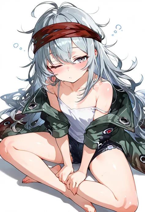 ( extremely detailed CG Unity 8K Wallpaper, Masterpiece, best quality , Super Fine), (Optimal lighting, best shadow , Extremely Exquisite Beauty ), (white background), full body, 1 girl, alone, vtuber style, cool girl, Girls' Frontline, g11, grey hair, lon...