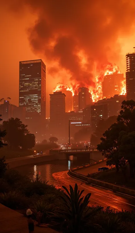 Prompt:- An apocalyptic view of Los Angeles' iconic Billionaire’s Row ablaze, nestled in the Hollywood Hills. The luxurious modern mansions, like those on Beverly Park Lane and Holmby Hills, are engulfed in roaring flames, their glass walls shattering from...