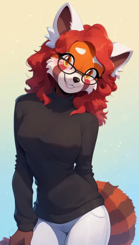 masterpiece, best quality, 1girl, anthro, furry, Mobian, fur, fluffy fur, red panda girl, furry, red panda ears, animal nose, cute eyes, yellow eyes, red panda tail, red hair, medium hair, wavy hair, solo, (simple background), detailed, black sweater, whit...