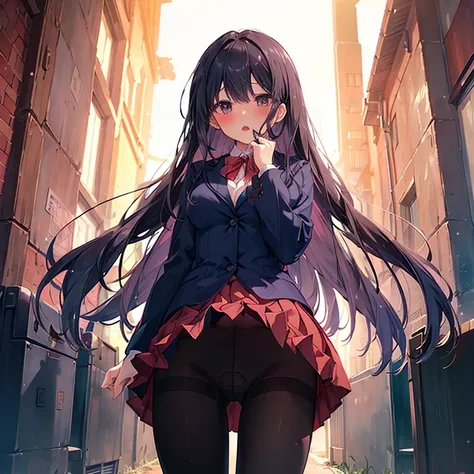 (( top quality))、(( Masterpiece))、( Details)、( ultra high resolution)、 cute girl、 pees on a very young 、solo、
( black hair、 very long straight hair)、 big breasts、
(come_sch、 blue blazer、Red pleated skirt with blue stripes、 black pantyhose)、
whole body、 Sta...