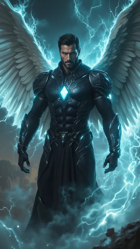  An angelic representation ,  but warlike like a sparkling Archangel superhero. Mickael . image,  in a dark suit ,  light games and camera games .