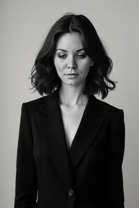 Photo portrait of a girl in a classic black suit, done in black and white. Dark brown hair, just below the shoulder, styled in soft waves. The lighting is soft, emphasizing facial features. This one is sunny and minimalistic. The background is neutral. “It...