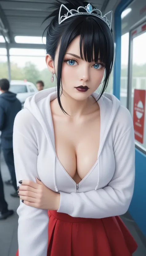 1 ,        alone,        masterpiece,        High-quality vaccines    ,       ultra realistic,    Teenager,   Gothic,  silky hair,      black hair,    hair tied on both sides    , black nails, Black Lipstick,     blue eyes,      medium breasts,        clea...