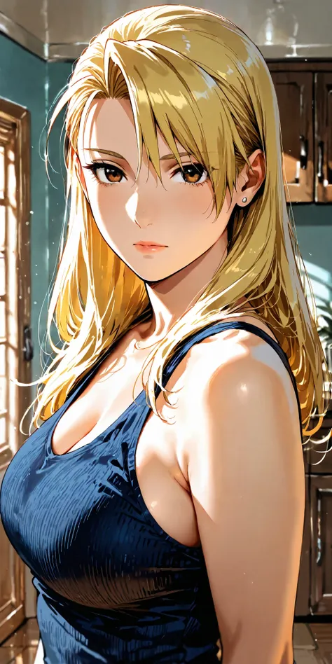 Masterpiece, mature woman, riza hawkeye, slim, upper body,tank top, ultra detailed, highres, absurdres, home, portrait, semi realistic