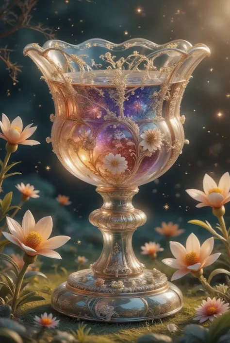 In a soft, golden light, a exquisite crystal chalice with intricate lacework and floral engravings sits atop a delicate pedestal. The transparent liquid within sparkles like the night sky, reflecting hues of sapphire, amethyst, and rose. The chalice's curv...