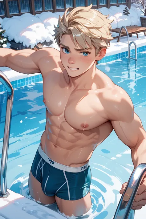 Shivering in a frozen pool in heavy snow, a Japanese boy wearing only swim briefs and no top