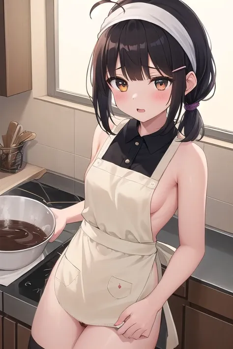 ((top quality)), ((masterpiece)), (Details),  1 girl。blunt bangs。Short Hair。The expression of hard work。 braided ponytail。ahoge。Cute hair clip。 look so young。 small breasts。headscarf。((cute naked apron ))。 kitchen。From a bowl to a heart-shaped mold、 pour c...