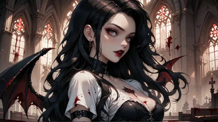 Gothic girl vampire, 19 years old, black long hair, 3 chest size, perfect figure, vampire wings on her back, dressed in short tight shorts and white T-shirt with blood, on the background of an abandoned church, side view