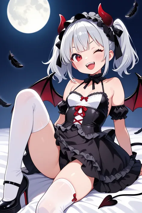  twin tails on legs、 Silver Hair、Devil Horns、Devil's Tail 、 small tits、 slippery、 plumpy、Breasts not big 、 small breasts、 gothic lolita costume 、 high knee socks、High heels、R18、night、moon、満moonが出ている、 red eyes、Devil Wink、black and red bat feathers、Two fangs...