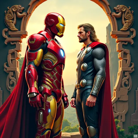 Avengers Poster but in Ancient Sri Lankan Art Style" – Sigiriya style Iron Man & Thor.