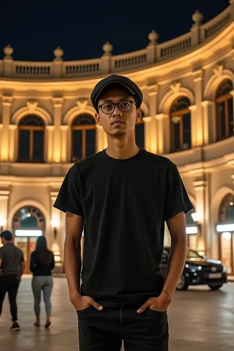  by no means ,  a slightly young Indonesian man with tanned and low skin ,  carefully combed black hair ,  wearing a newsboy's hat and glasses with black details ,  wearing a black Beatles t-shirt and slim fit black jeans with pressed knees,  standing on t...